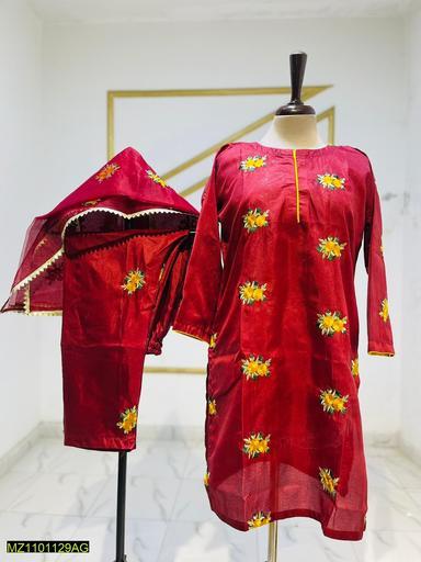 3 Pcs Katan Silk Embroidered Stitched Suit