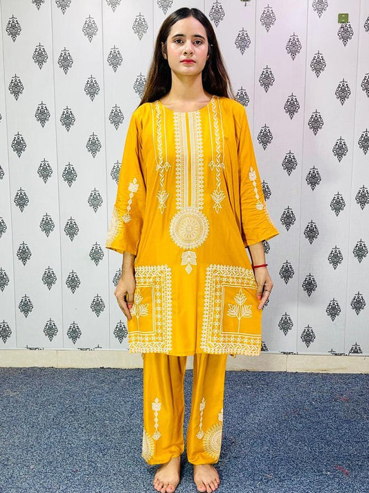 2 Pcs Women's Stitched Linen Printed Suit