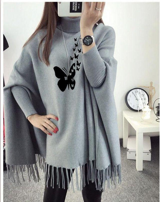 Women's Polyester Butterfly Printed Poncho Cape Shawl