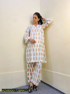 2 Pcs Women's Stitched Linen Printed Suit