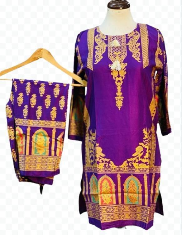 2 Pcs Women's Stitched Arabic Linen Block Printed Suit