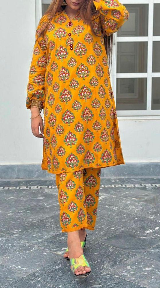 2 Pcs Women's Stitched Linen Printed Suit