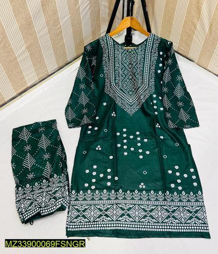 Chunri Style Printed Linen Stitched Suit