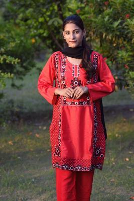 2 Pcs Women's Stitched Cotton Embroidered Shirt And Trouser