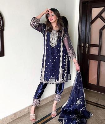 3 Pcs Women's Stitched Organza Embroidered Suit