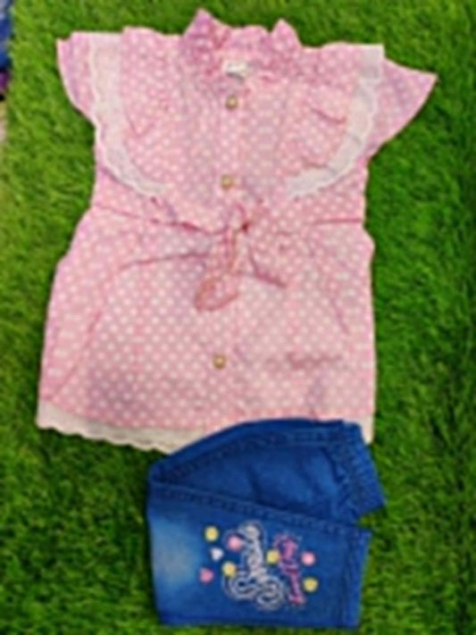 Girl's Cotton Printed Shirt And Denim Jeans Set -