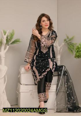 3 Pcs Women's Stitched Organza Embroidered Suit