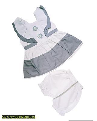 Baby Girl's Cotton Plain Frock And Shorts Set