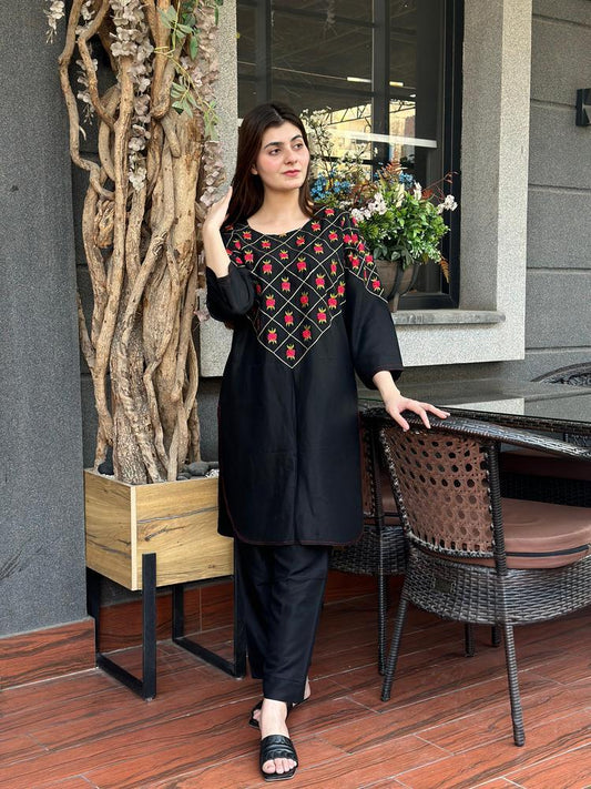 2 Pcs Women's Stitched Lawn Embroidered Shirt And Trouser