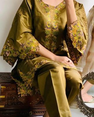 2 Pcs Women's Stitched Khaadi Net Embroidered Shirt And Trouser