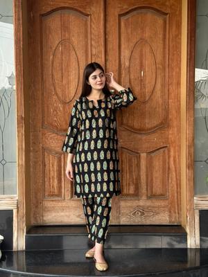 2 Pcs Women's Stitched Arabic Lawn Printed Shirt And Trouser - Black