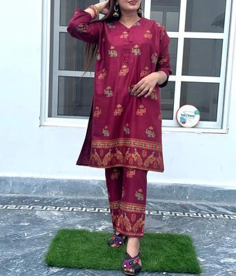 2 Pcs Women's Stitched Linen Printed Suit