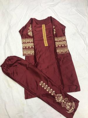 2 Pcs Women's Stitched Katan Silk Embroidered Suit