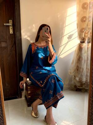 2 Pcs Women's Stitched Lawn Embroidered Shirt And Trouser - Blue