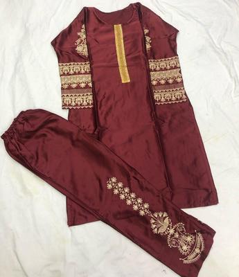 2 Pcs Women's Stitched Katan Silk Embroidered Shirt And Trouser