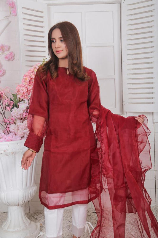 2 Pcs Women's Stitched Plain Organza Suit