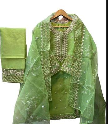 3 Pcs Women's Stitched Organza Embroidered Suit