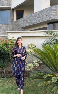 2 Pcs Women's Stitched Linen Block Printed Shirt And Trouser