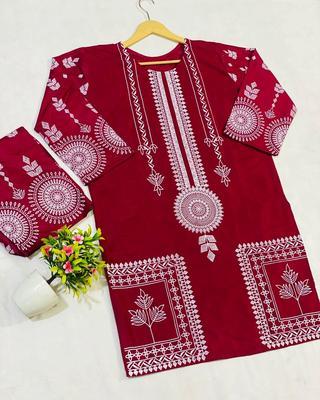 2 Pcs Women's Stitched Lawn Embroidered Shirt And Trouser