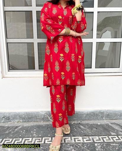 2 Pcs Women's Stitched Linen Printed Suit