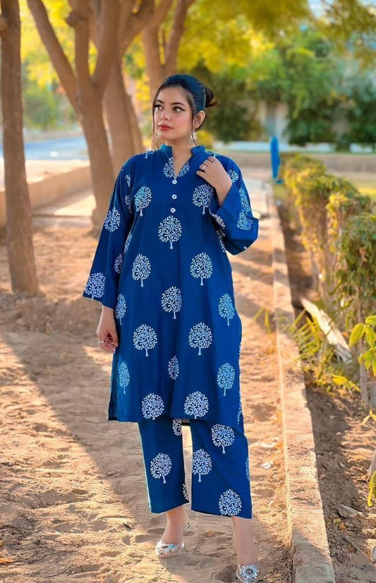 2 Pcs Women's Stitched Linen Printed Suit