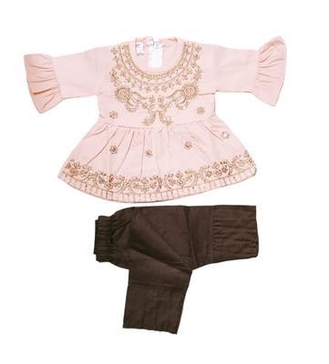 Baby Girl's Cotton Embroidered Frock And Trouser Set