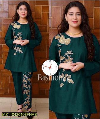 2 Pcs Women's Stitched Linen Zari Tilla Embroidered Shirt And Trouser