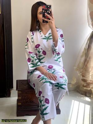 2 Pcs Women's Stitched Arabic Lawn Printed Shirt And Trouser