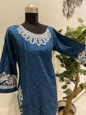 2 Pcs Women's Stitched Cotton Embroidered Shirt And Trouser