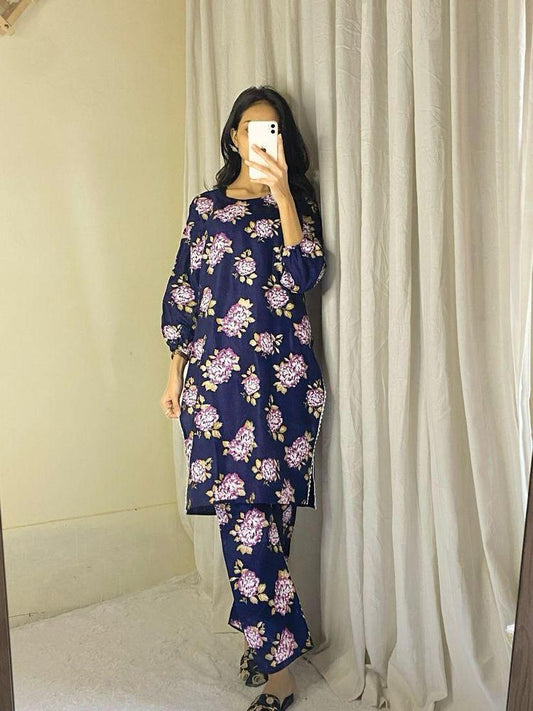 2 Pcs Women's Stitched Linen Printed Suit