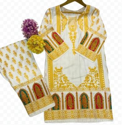 2 Pcs Women's Stitched Arabic Linen Block Printed Suit