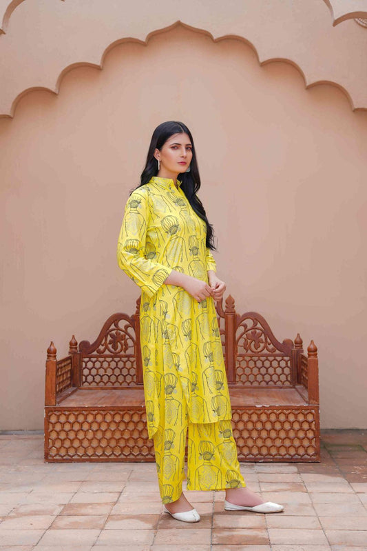 2 Pcs Women's Stitched Linen Block Printed Shirt And Trouser