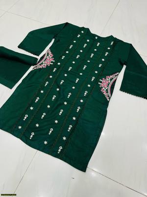 2 Pcs Women's Stitched Embroidered Linen Suit