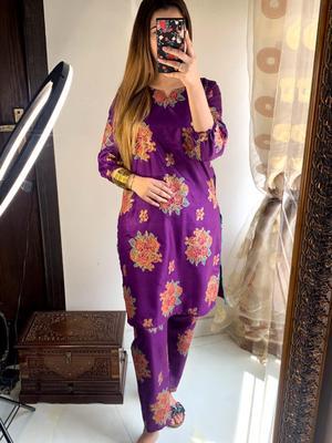 2 Pcs Women's Stitched Arabic Lawn Printed Shirt And Trouser