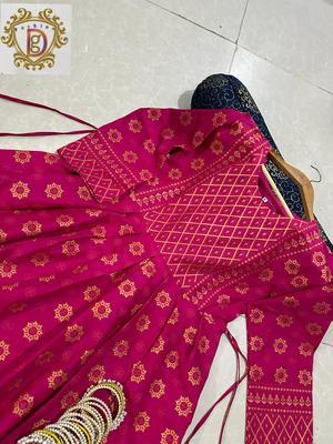 2 Pcs Women's Stitched Katan Silk Printed Frock And Trouser