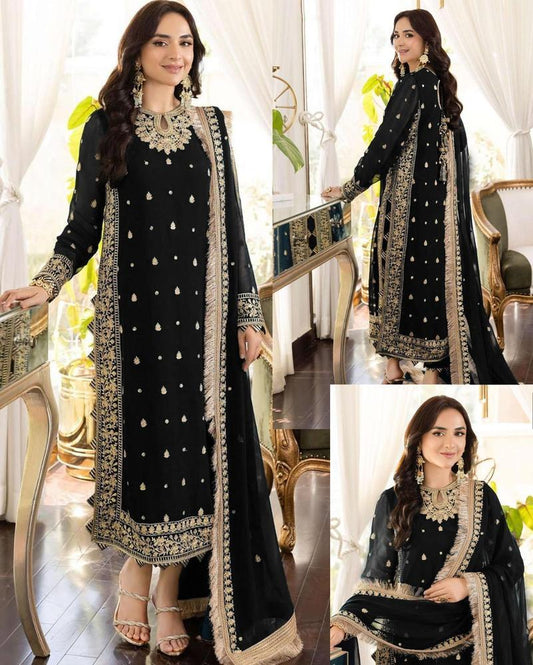 3 Pcs Women's Stitched Crinkle Chiffon Embroidered Suit