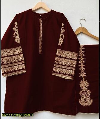 2 Pcs Women's Stitched Katan Silk Embroidered Shirt And Trouser