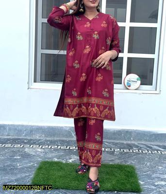 2 Pcs Women's Stitched Linen Printed Suit