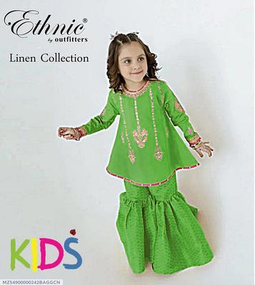 2 Pcs Girl's Linen Embroidered Unstitched Suit