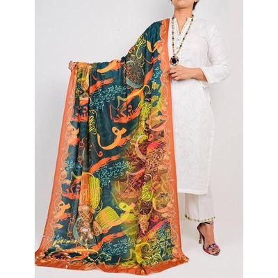 1 Pc Women's Stitched Silk Calligraphy Printed Dupatta