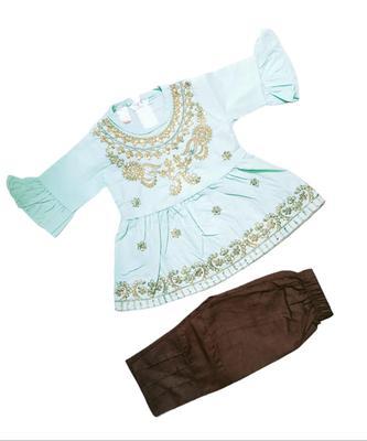 Baby Girl's Cotton Embroidered Frock And Trouser Set