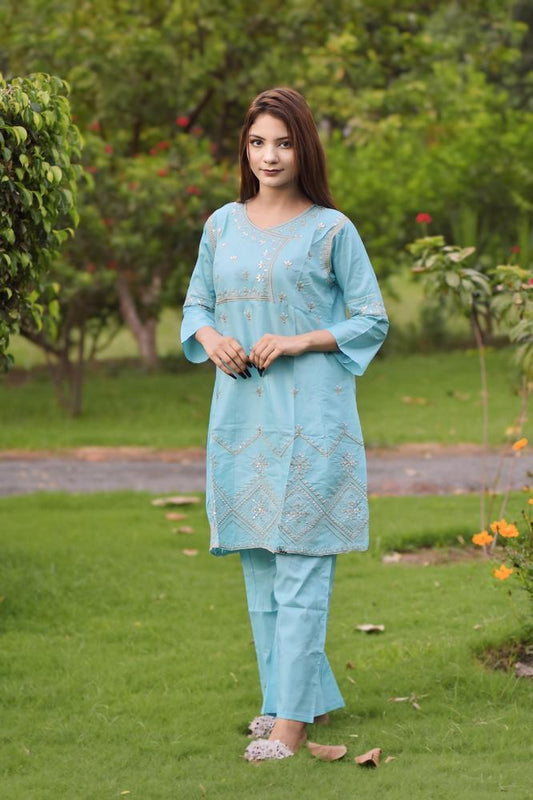 2 Pcs Women's Stitched Cotton Embroidered Frock & Trouser