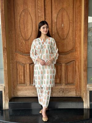 2 Pcs Women's Stitched Arabic Lawn Printed Shirt And Trouser - White