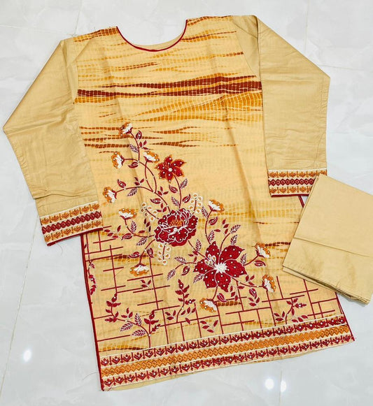 2 Pcs Women's Stitched Cotton Embroidered Suit