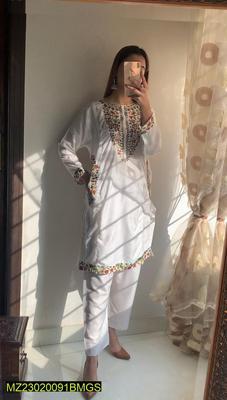 2 Pcs Women's Stitched Linen Sequins Embroidered Shirt And Trouser