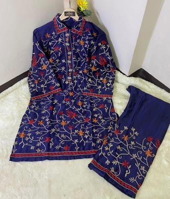 2 Pcs Women's Stitched Shamoz Silk Embroidered Shirt And Trouser