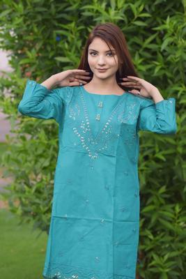 2 Pcs Women's Stitched Cotton Sequins Embroidered Shirt And Trouser