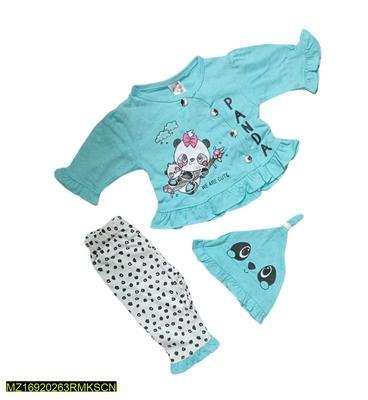 3Pcs Baby Girl Cotton Printed Frock And Trouser Set