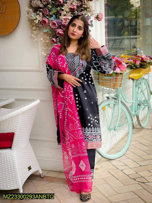 3 Pcs Women's Stitched Katan Silk Embroidered Suit