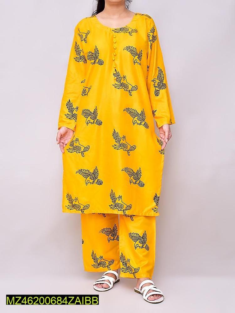 2 Pcs Women's Stitched Linen Printed Suit